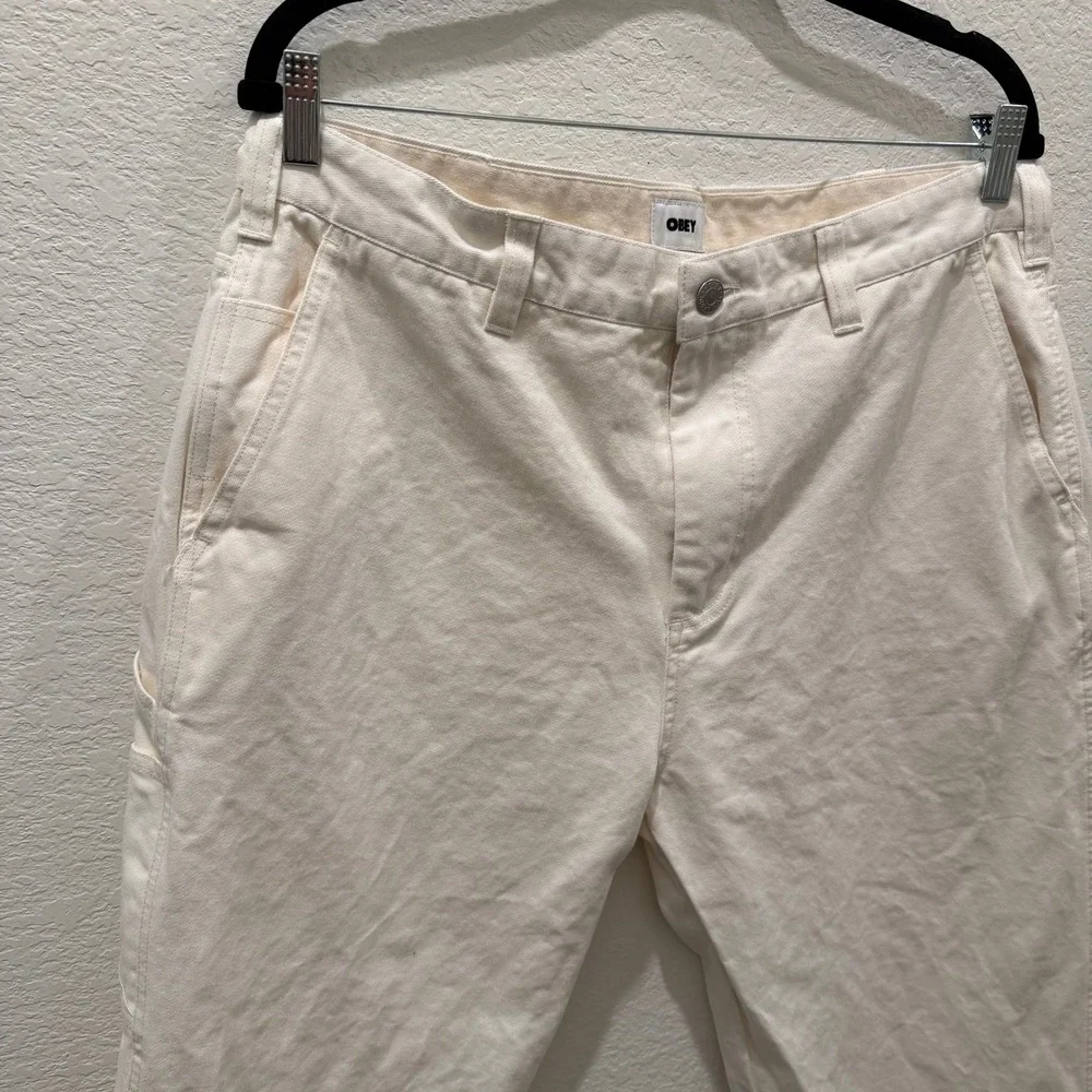 Obey Mens Carpenter Pants Off White Cream Cotton Canvas Workwear Size 34